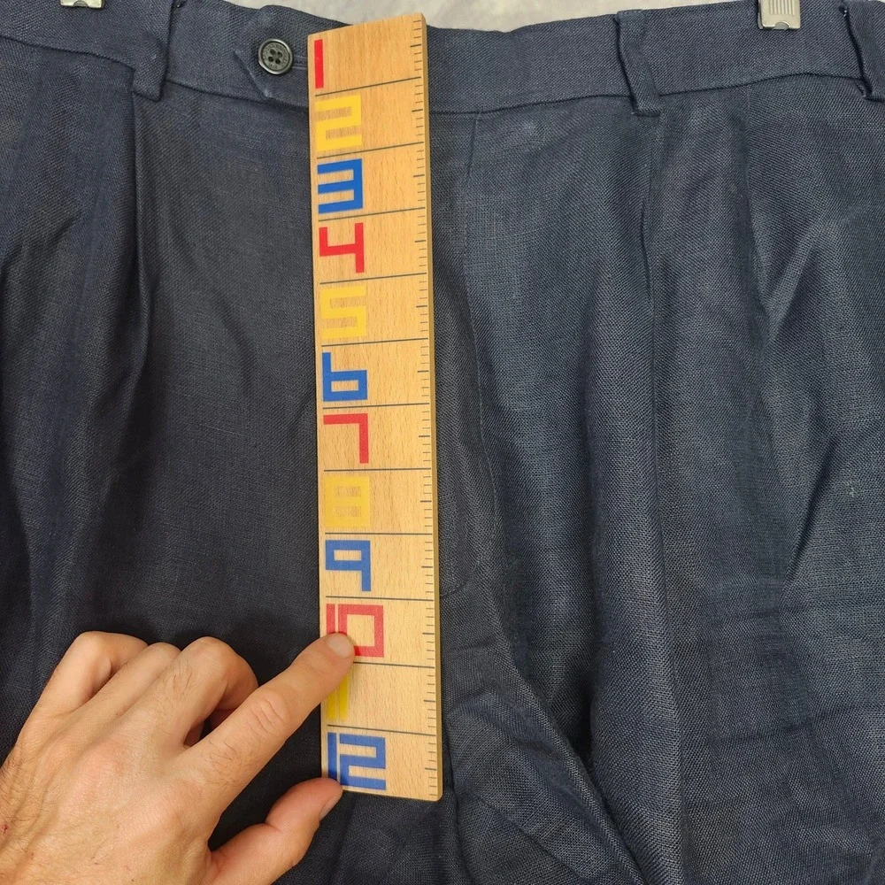 Brooks Brothers 100% Irish Linen Pleated Cuff High Waist Pants 35x30 Navy Blue